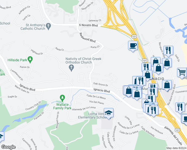 map of restaurants, bars, coffee shops, grocery stores, and more near 4 White Oak Way in Novato