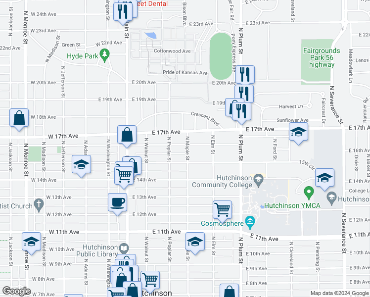 map of restaurants, bars, coffee shops, grocery stores, and more near 229 East 16th Avenue in Hutchinson