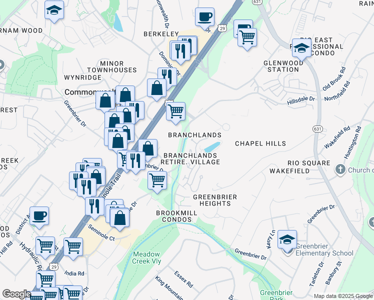 map of restaurants, bars, coffee shops, grocery stores, and more near 1326 Sycamore Court in Charlottesville