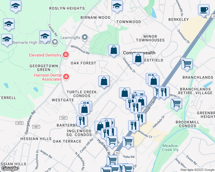 map of restaurants, bars, coffee shops, grocery stores, and more near 2111 Commonwealth Drive in Charlottesville
