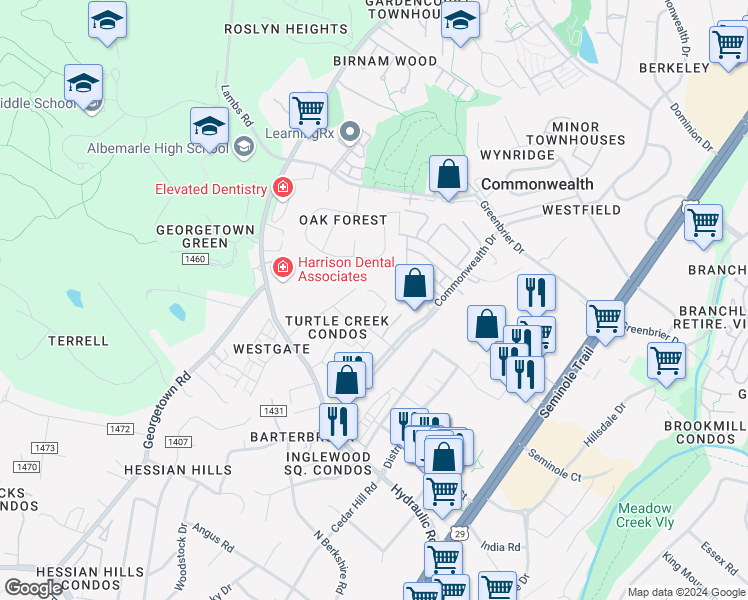 map of restaurants, bars, coffee shops, grocery stores, and more near 127 Turtle Creek Road in Charlottesville