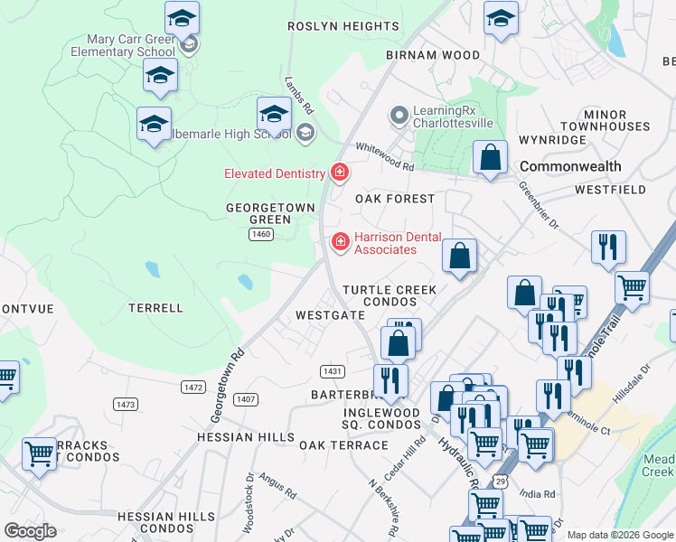 map of restaurants, bars, coffee shops, grocery stores, and more near 2620 Hydraulic Road in Charlottesville