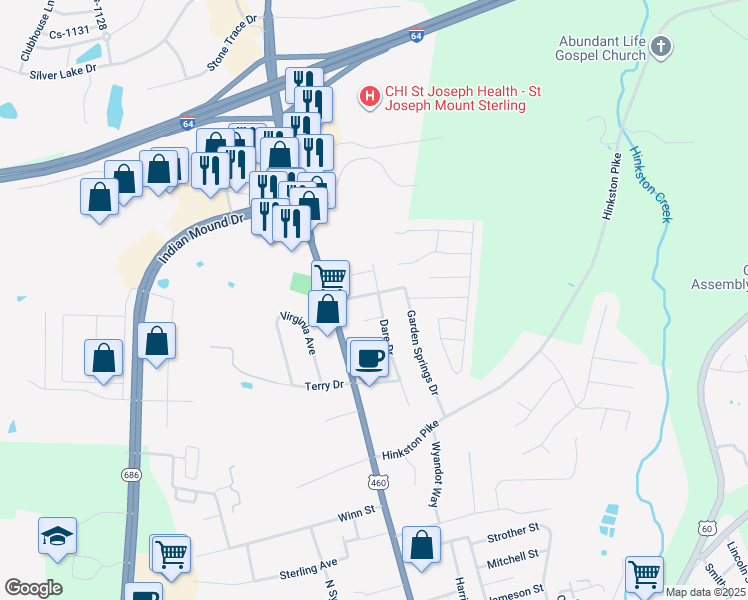 map of restaurants, bars, coffee shops, grocery stores, and more near 539 Dare Drive in Mount Sterling