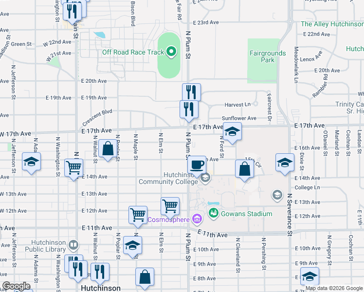 map of restaurants, bars, coffee shops, grocery stores, and more near 420 East 15th Avenue in Hutchinson
