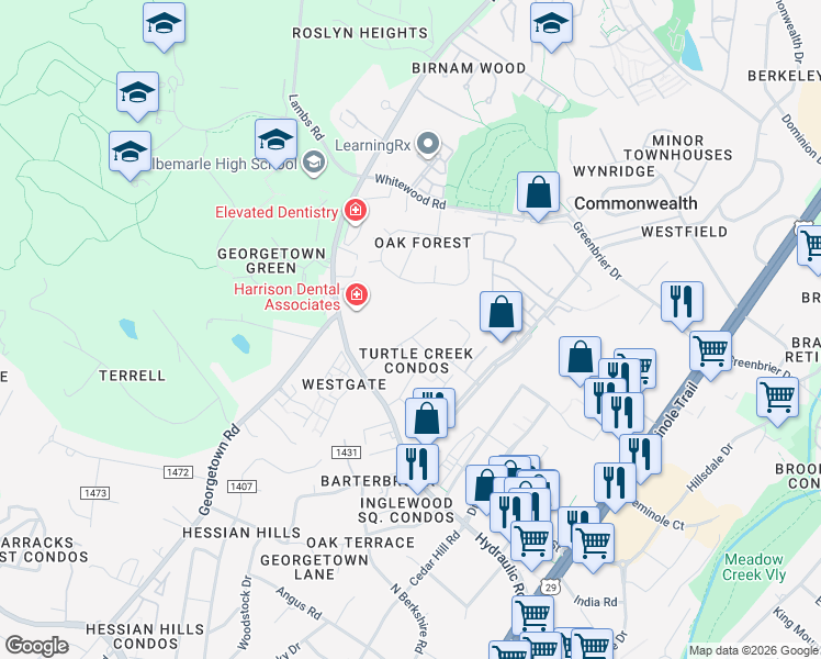 map of restaurants, bars, coffee shops, grocery stores, and more near 113 Turtle Creek Road in Charlottesville