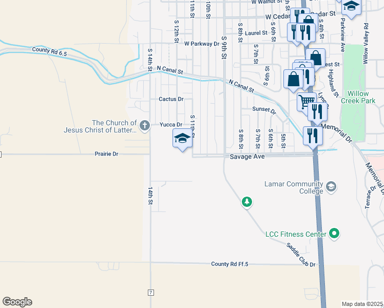 map of restaurants, bars, coffee shops, grocery stores, and more near 1900 South 11th Street in Lamar
