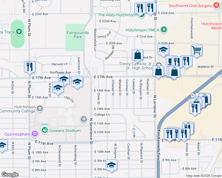 map of restaurants, bars, coffee shops, grocery stores, and more near 1522 O'Daniel Street in Hutchinson