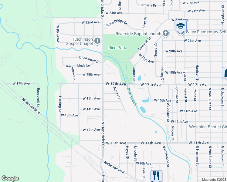 map of restaurants, bars, coffee shops, grocery stores, and more near 1601 Aurora Drive in Hutchinson