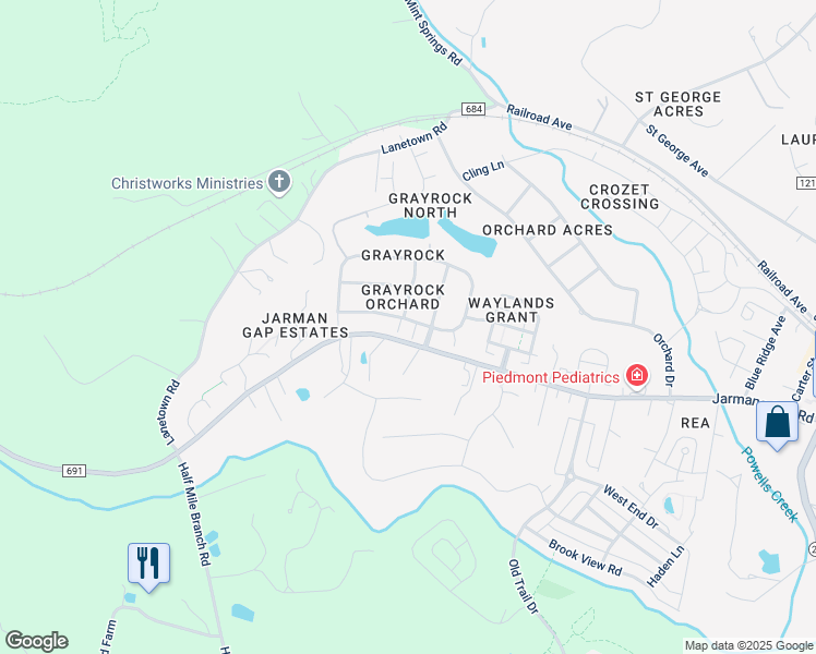 map of restaurants, bars, coffee shops, grocery stores, and more near 162 Grayrock Drive in Crozet