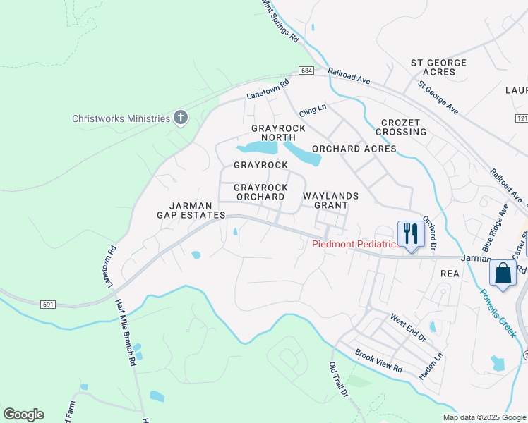 map of restaurants, bars, coffee shops, grocery stores, and more near 162 Grayrock Drive in Crozet
