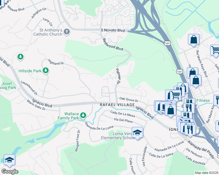 map of restaurants, bars, coffee shops, grocery stores, and more near 33 Rowe Ranch Drive in Novato
