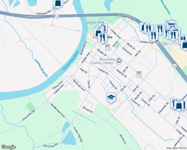 map of restaurants, bars, coffee shops, grocery stores, and more near 707 2nd Street in Pocomoke City