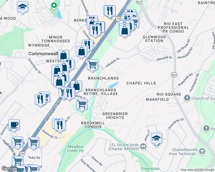 map of restaurants, bars, coffee shops, grocery stores, and more near 1434 Lilac Court in Charlottesville