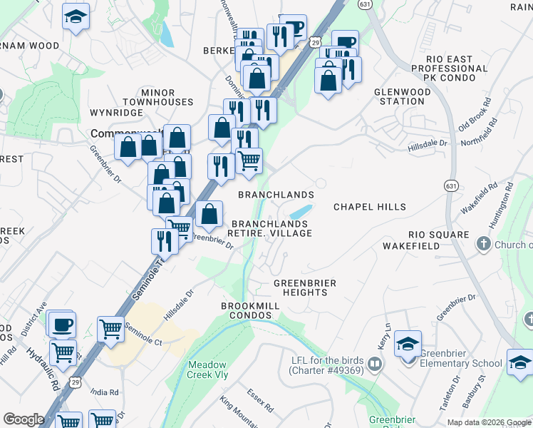 map of restaurants, bars, coffee shops, grocery stores, and more near 552 Hillsdale Drive in Charlottesville