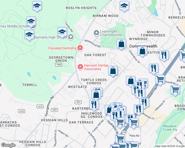 map of restaurants, bars, coffee shops, grocery stores, and more near 96 Oak Forest Circle in Charlottesville