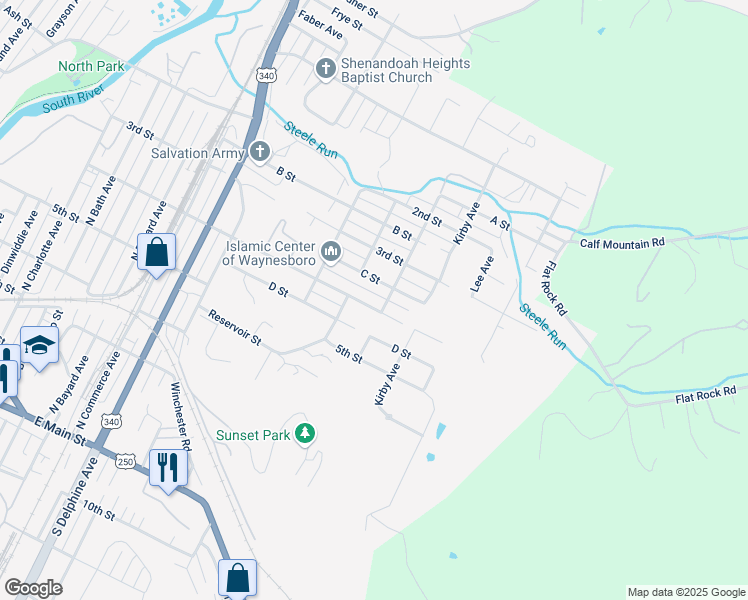 map of restaurants, bars, coffee shops, grocery stores, and more near 1408 C Street in Waynesboro