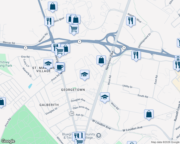 map of restaurants, bars, coffee shops, grocery stores, and more near 20 Queen Avenue in Lexington