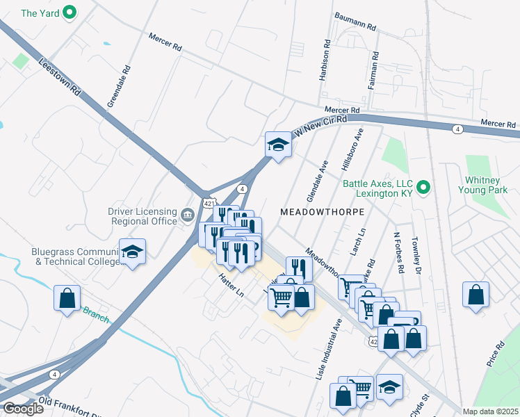 map of restaurants, bars, coffee shops, grocery stores, and more near 253 Taylor Drive in Lexington