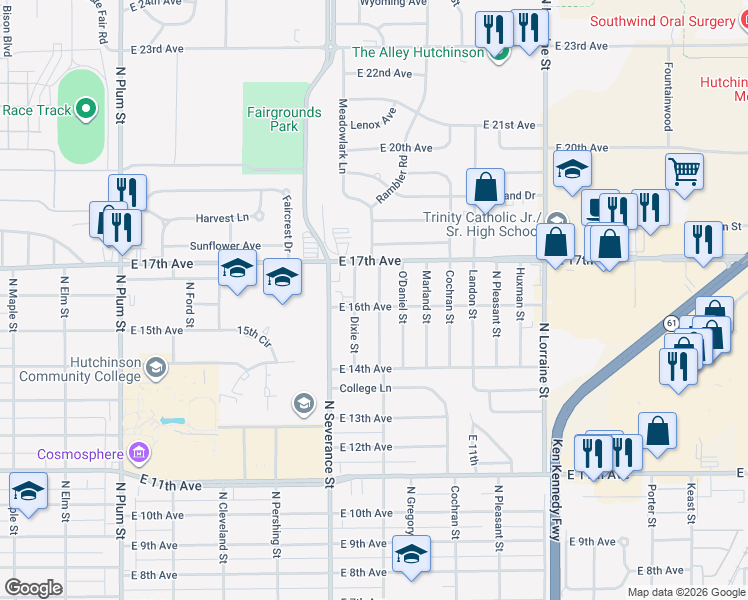 map of restaurants, bars, coffee shops, grocery stores, and more near 1611 Baker Street in Hutchinson