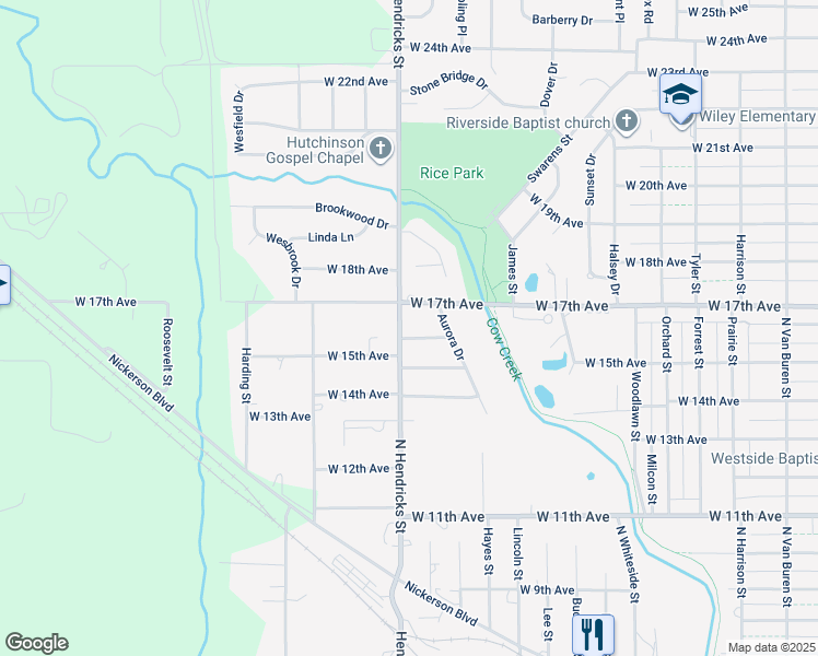 map of restaurants, bars, coffee shops, grocery stores, and more near 1629-1699 Hendricks Street in Hutchinson