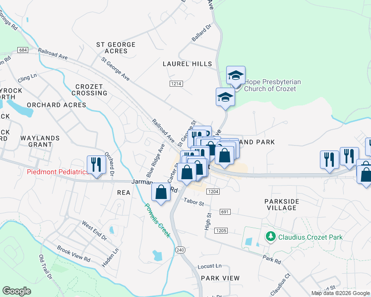 map of restaurants, bars, coffee shops, grocery stores, and more near 2120-5874 County Road 1203 in Crozet