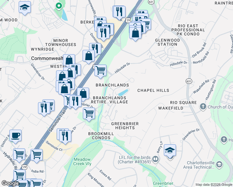 map of restaurants, bars, coffee shops, grocery stores, and more near 1434 Lilac Court in Charlottesville