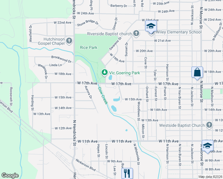 map of restaurants, bars, coffee shops, grocery stores, and more near 1132-1200 West 17th Avenue in Hutchinson