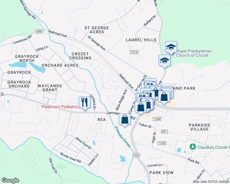 map of restaurants, bars, coffee shops, grocery stores, and more near 5906 Jeremiah Lane in Crozet