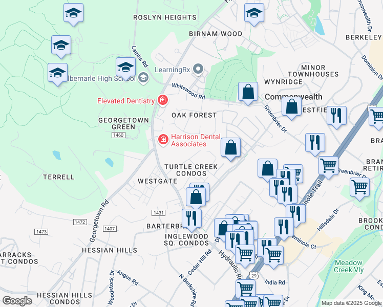 map of restaurants, bars, coffee shops, grocery stores, and more near 115 Turtle Creek Road in Charlottesville