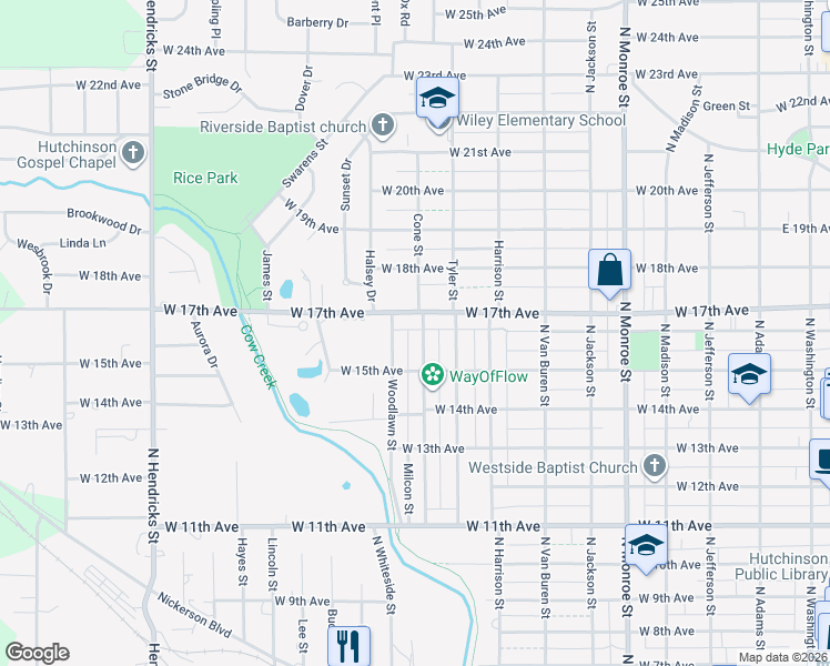 map of restaurants, bars, coffee shops, grocery stores, and more near 1598 Orchard Street in Hutchinson