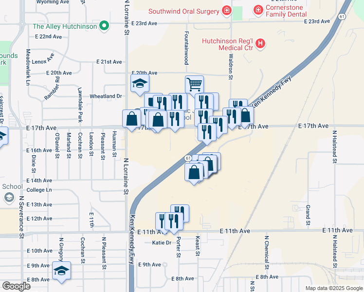 map of restaurants, bars, coffee shops, grocery stores, and more near 1529 East 17th Avenue in Hutchinson