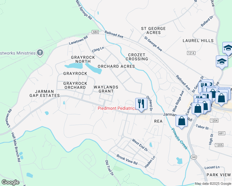 map of restaurants, bars, coffee shops, grocery stores, and more near 1820 Clay Drive in Crozet