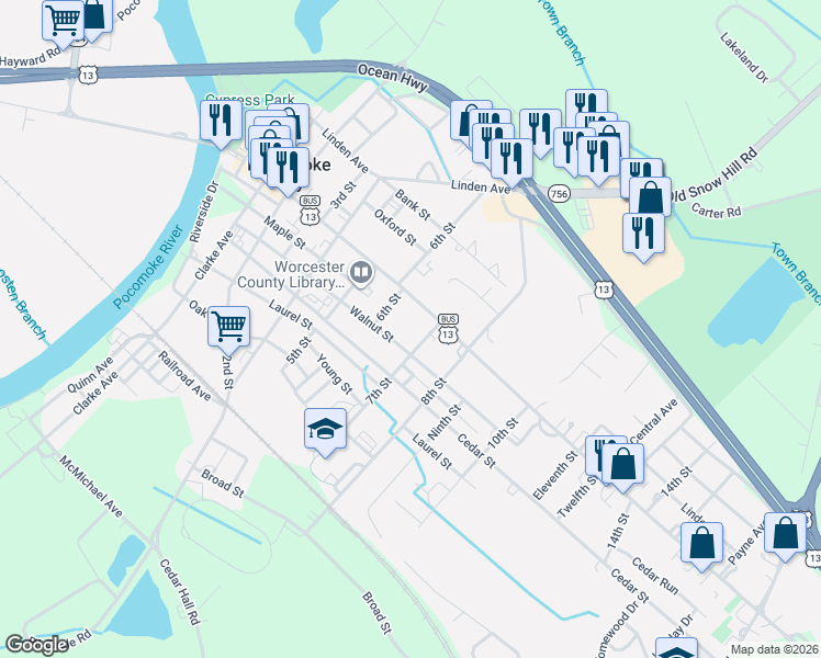 map of restaurants, bars, coffee shops, grocery stores, and more near 611 Market Street in Pocomoke City