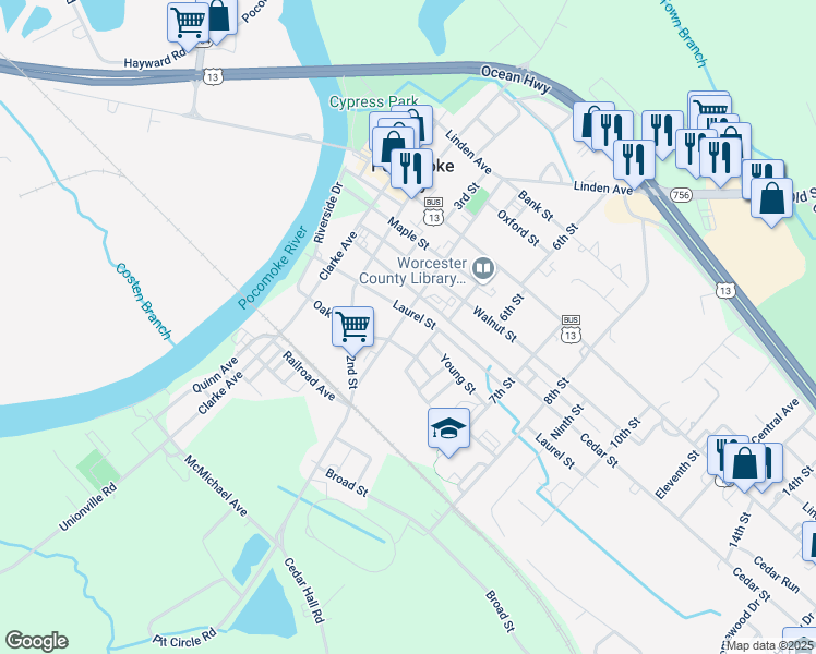 map of restaurants, bars, coffee shops, grocery stores, and more near 217 Laurel Street in Pocomoke City