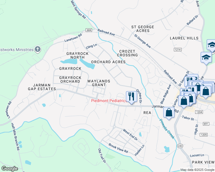 map of restaurants, bars, coffee shops, grocery stores, and more near 1820 Clay Drive in Crozet