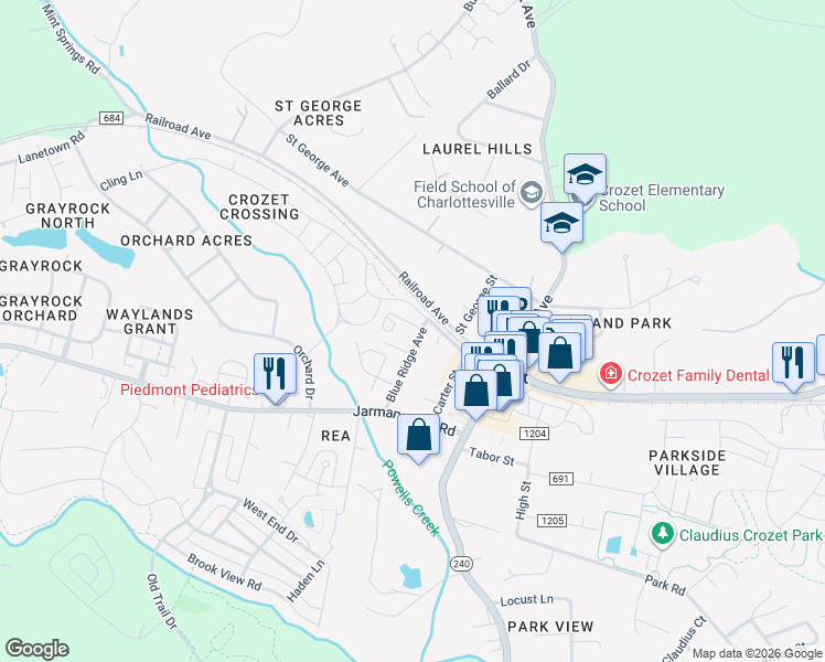 map of restaurants, bars, coffee shops, grocery stores, and more near 5882-5938 McComb St in Crozet