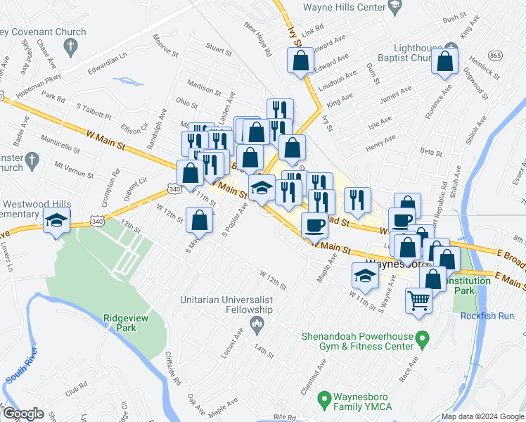 map of restaurants, bars, coffee shops, grocery stores, and more near 1200 West Main Street in Waynesboro