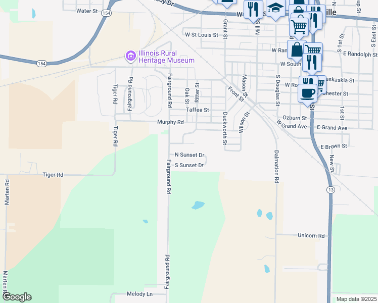 map of restaurants, bars, coffee shops, grocery stores, and more near 927 Malone Street in Pinckneyville