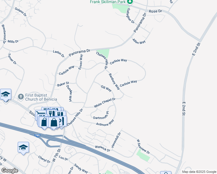 map of restaurants, bars, coffee shops, grocery stores, and more near 123 Banbury Way in Benicia
