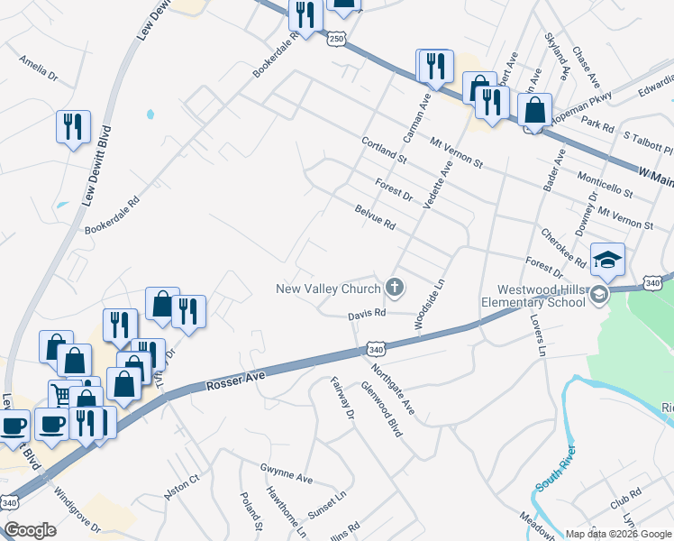 map of restaurants, bars, coffee shops, grocery stores, and more near 612 Sumter Road in Waynesboro