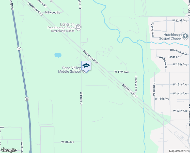 map of restaurants, bars, coffee shops, grocery stores, and more near 1616 Wilshire Drive in Hutchinson