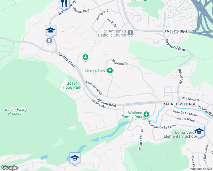 map of restaurants, bars, coffee shops, grocery stores, and more near 105 Aaron Court in Novato