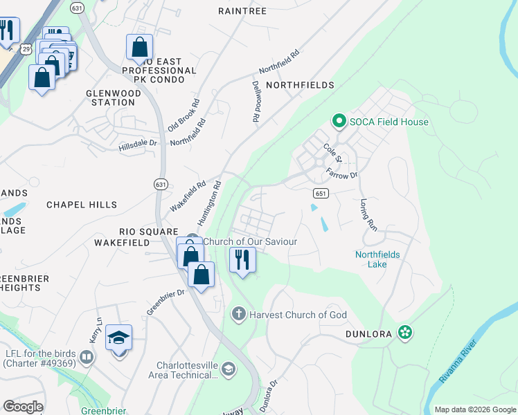 map of restaurants, bars, coffee shops, grocery stores, and more near 1715 Belvedere Place in Charlottesville