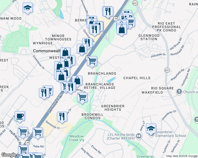 map of restaurants, bars, coffee shops, grocery stores, and more near 1434 Lilac Court in Charlottesville
