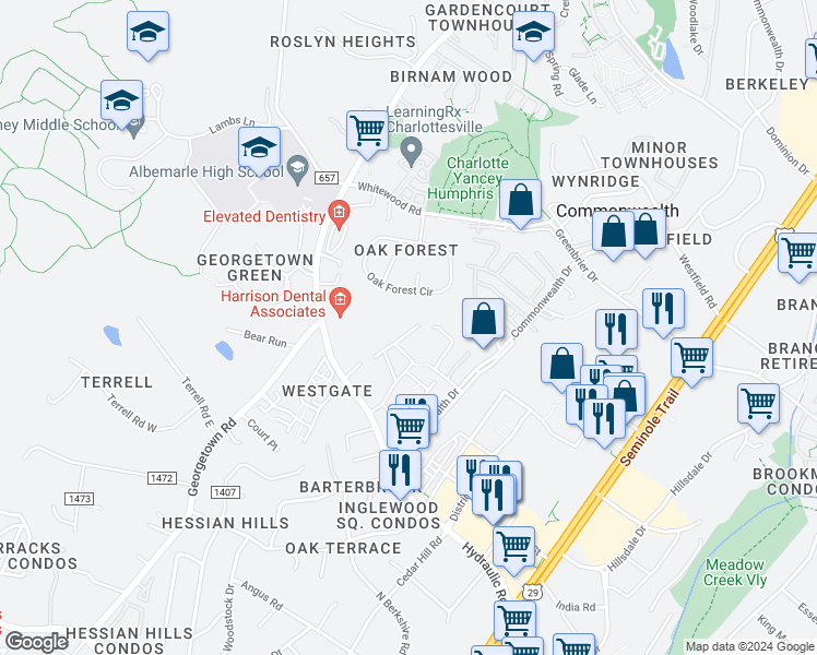 map of restaurants, bars, coffee shops, grocery stores, and more near 106 Oak Forest Circle in Charlottesville