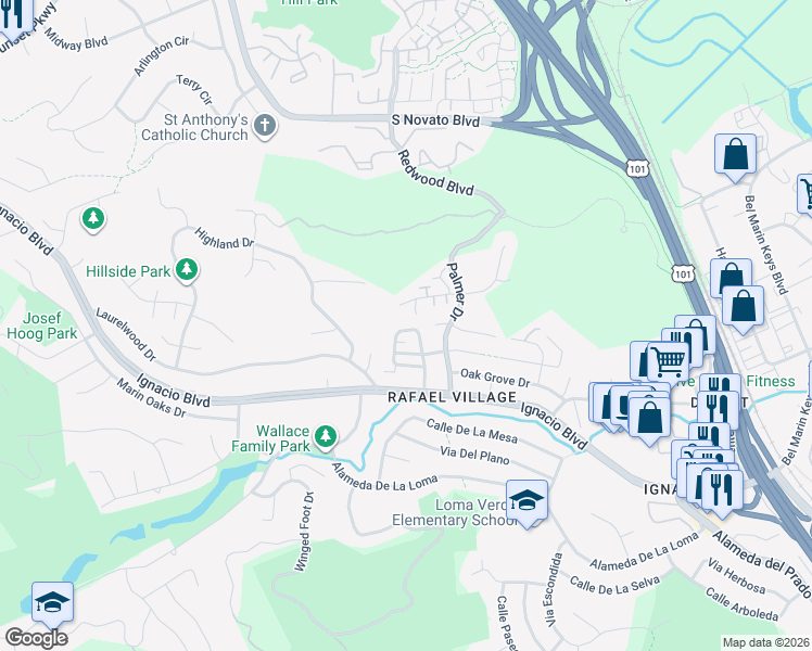 map of restaurants, bars, coffee shops, grocery stores, and more near 33 Rowe Ranch Drive in Novato