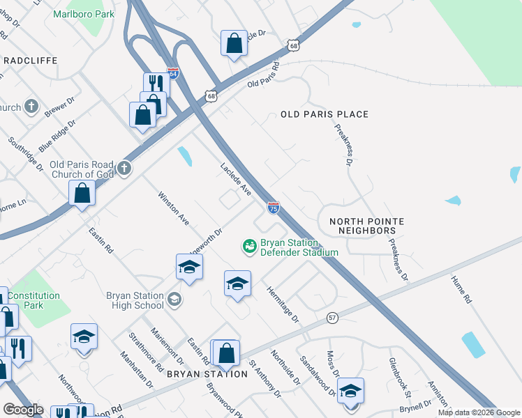 map of restaurants, bars, coffee shops, grocery stores, and more near 212 Fairgrounds Drive in Lexington