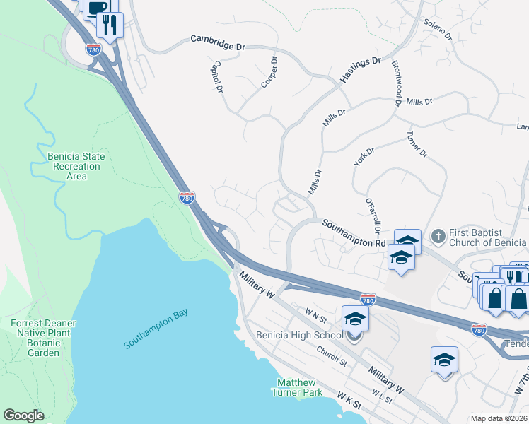 map of restaurants, bars, coffee shops, grocery stores, and more near 1770 London Drive in Benicia
