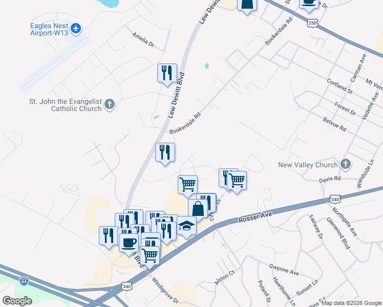 map of restaurants, bars, coffee shops, grocery stores, and more near 240-260 Bookerdale Road in Waynesboro