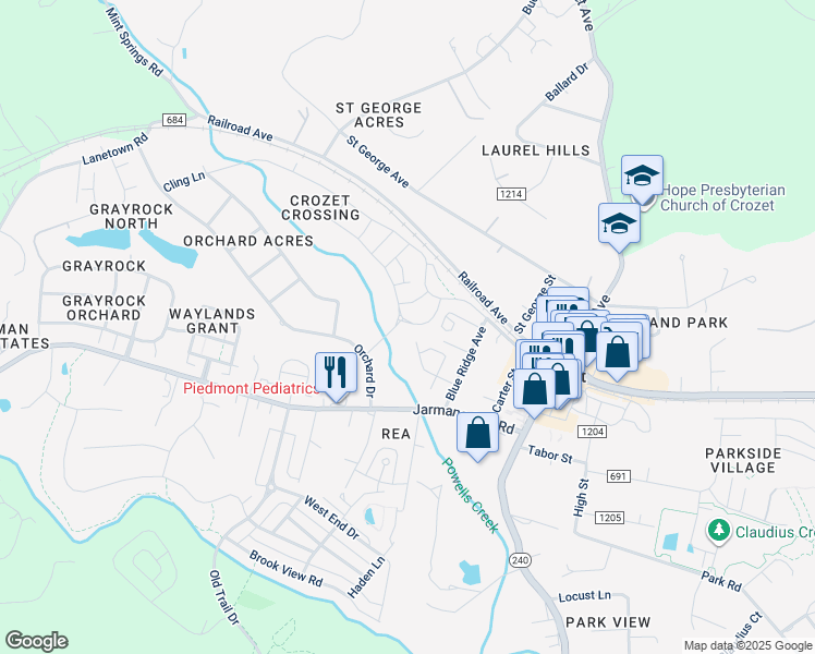 map of restaurants, bars, coffee shops, grocery stores, and more near 5906 Jeremiah Lane in Crozet